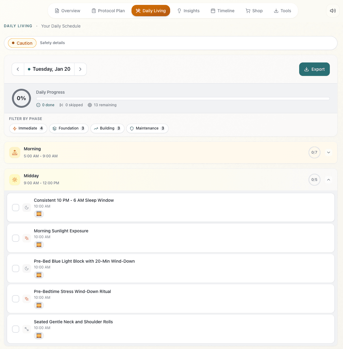 The SageWiz daily living calendar with a day view, progress ring, and checkable morning and midday steps.
