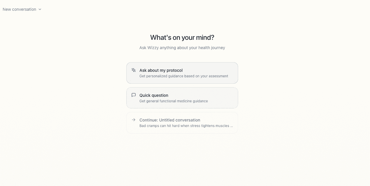 The Wizzy chat screen asking what is on your mind, with suggestions to ask about your protocol.