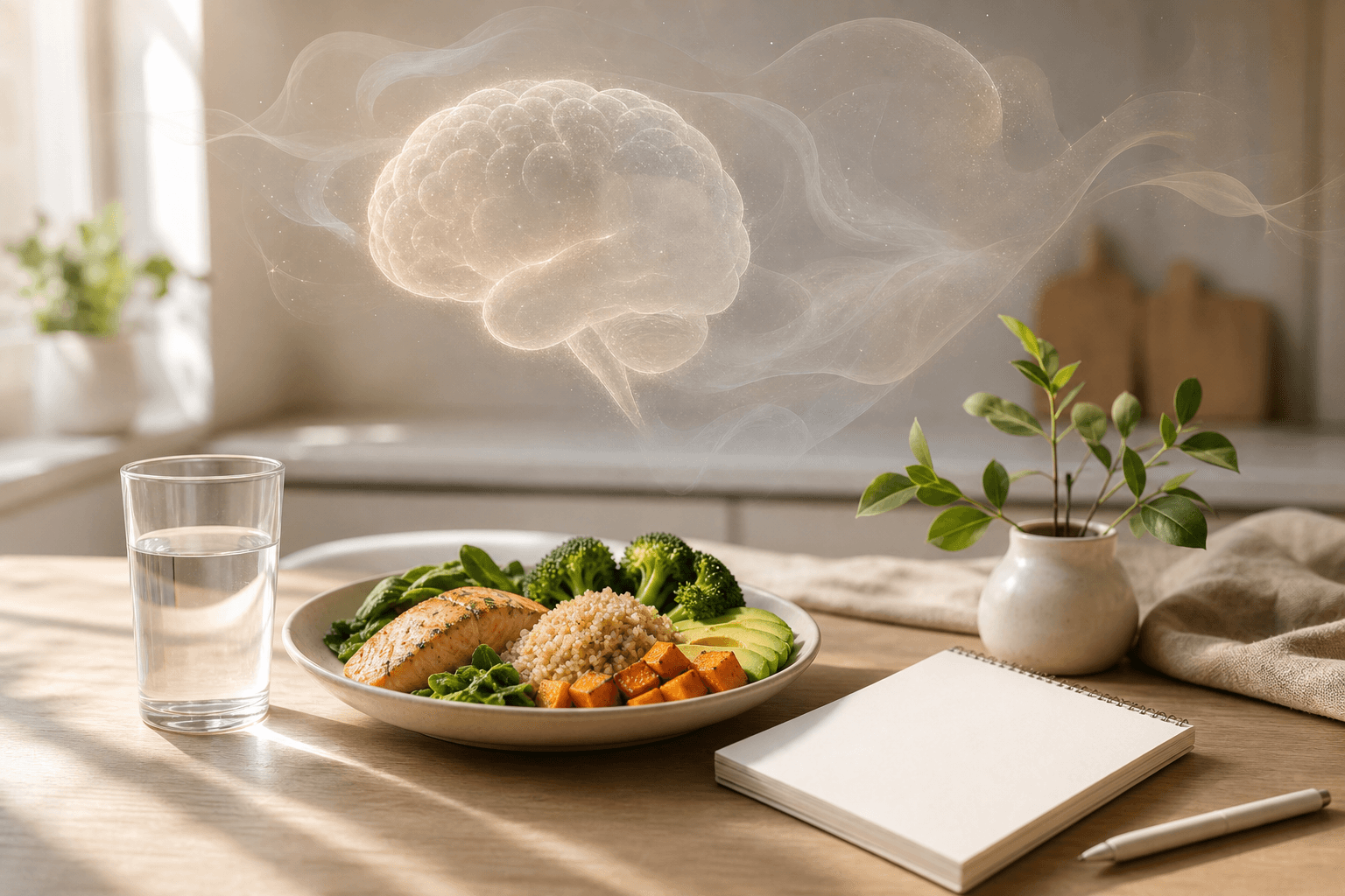 A balanced meal beside a notebook for tracking bloating, fatigue, and brain fog after eating, with soft morning light.