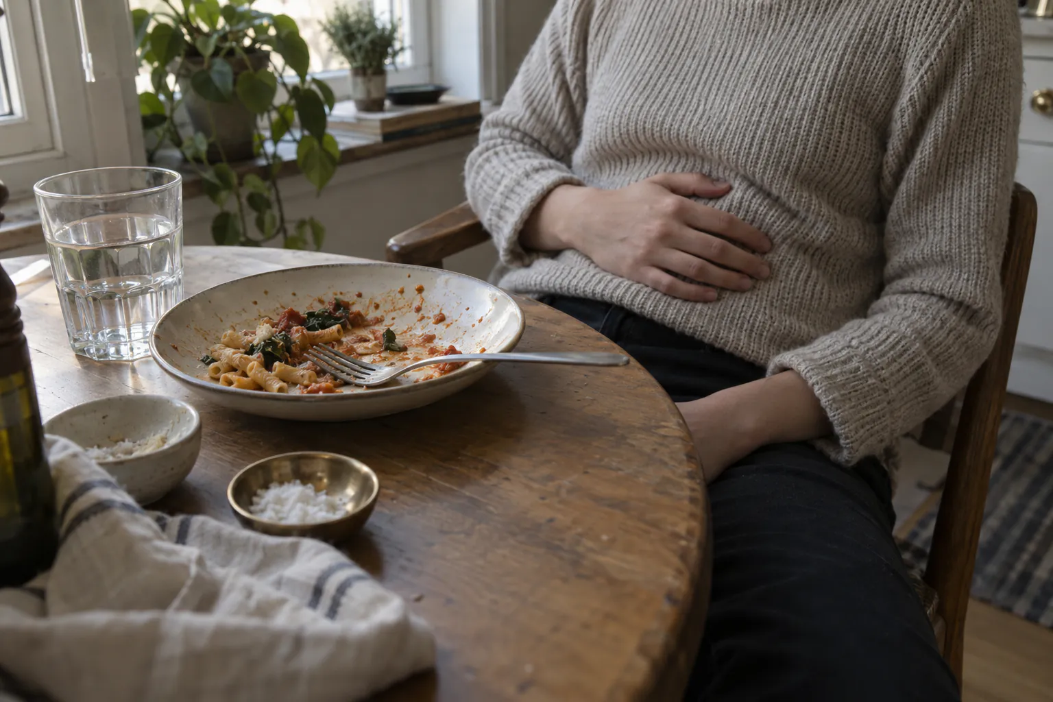 A person in a knit sweater sits at a kitchen table with a hand on their stomach beside a half-eaten bowl of pasta.