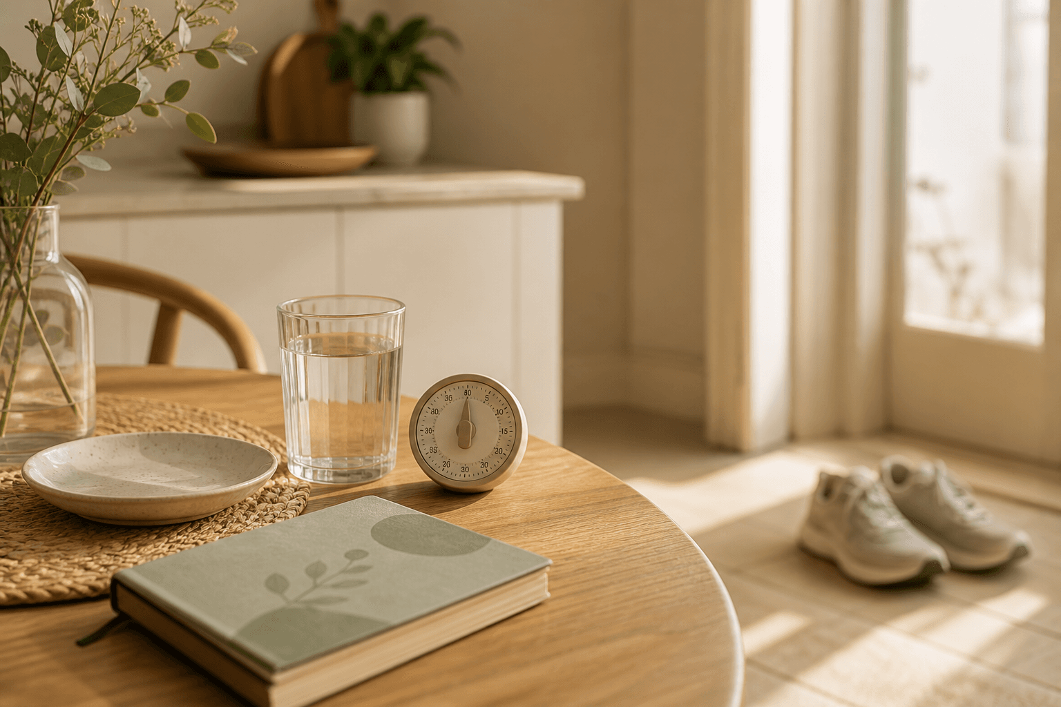 A warm kitchen still life with a balanced meal, water, timer, notebook, and walking shoes near a sunlit doorway, representing post-meal movement breaks and blood sugar tracking.