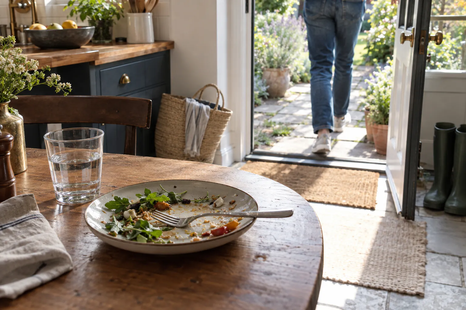 A finished lunch plate on a kitchen table in daylight while a person in sneakers steps out the open back door onto a garden path.