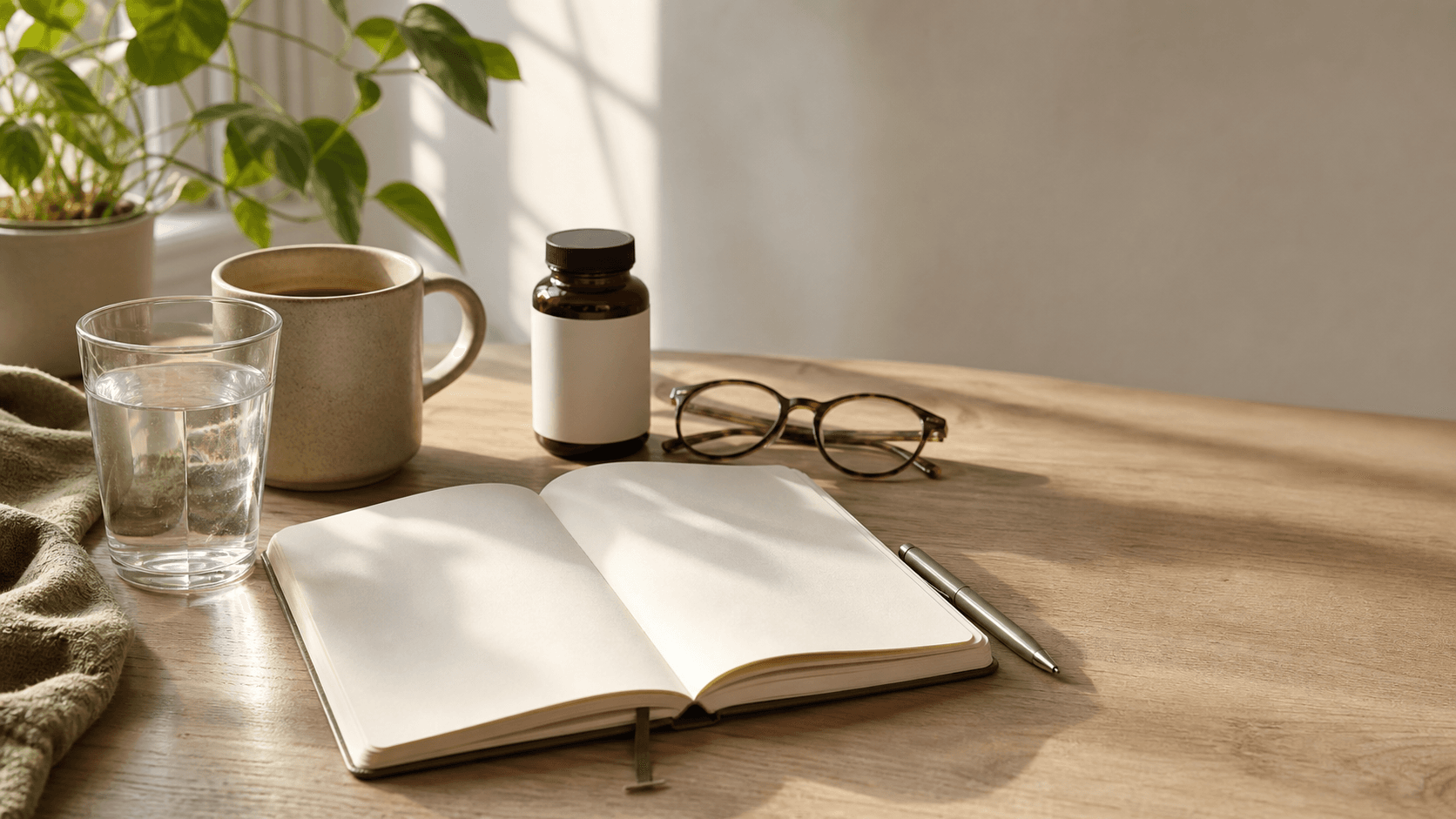 A calm desk with a blank symptom-tracking notebook, coffee mug, water glass, eyeglasses, and an unbranded supplement bottle for a brain fog and focus tracking article.
