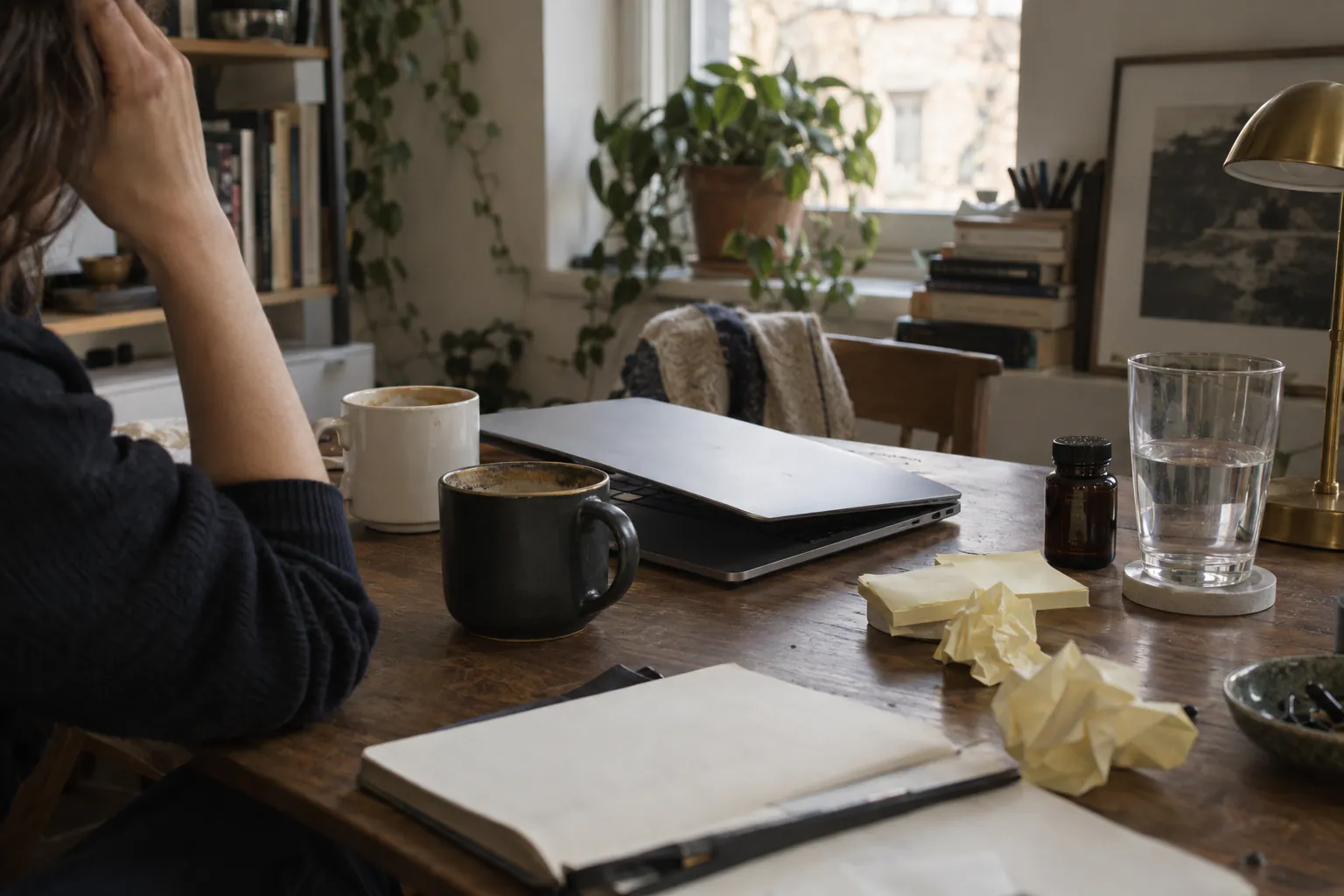 A cluttered desk with two coffee mugs, a closed laptop, water, a small supplement bottle and crumpled sticky notes, a hand pressed to a forehead at the edge.