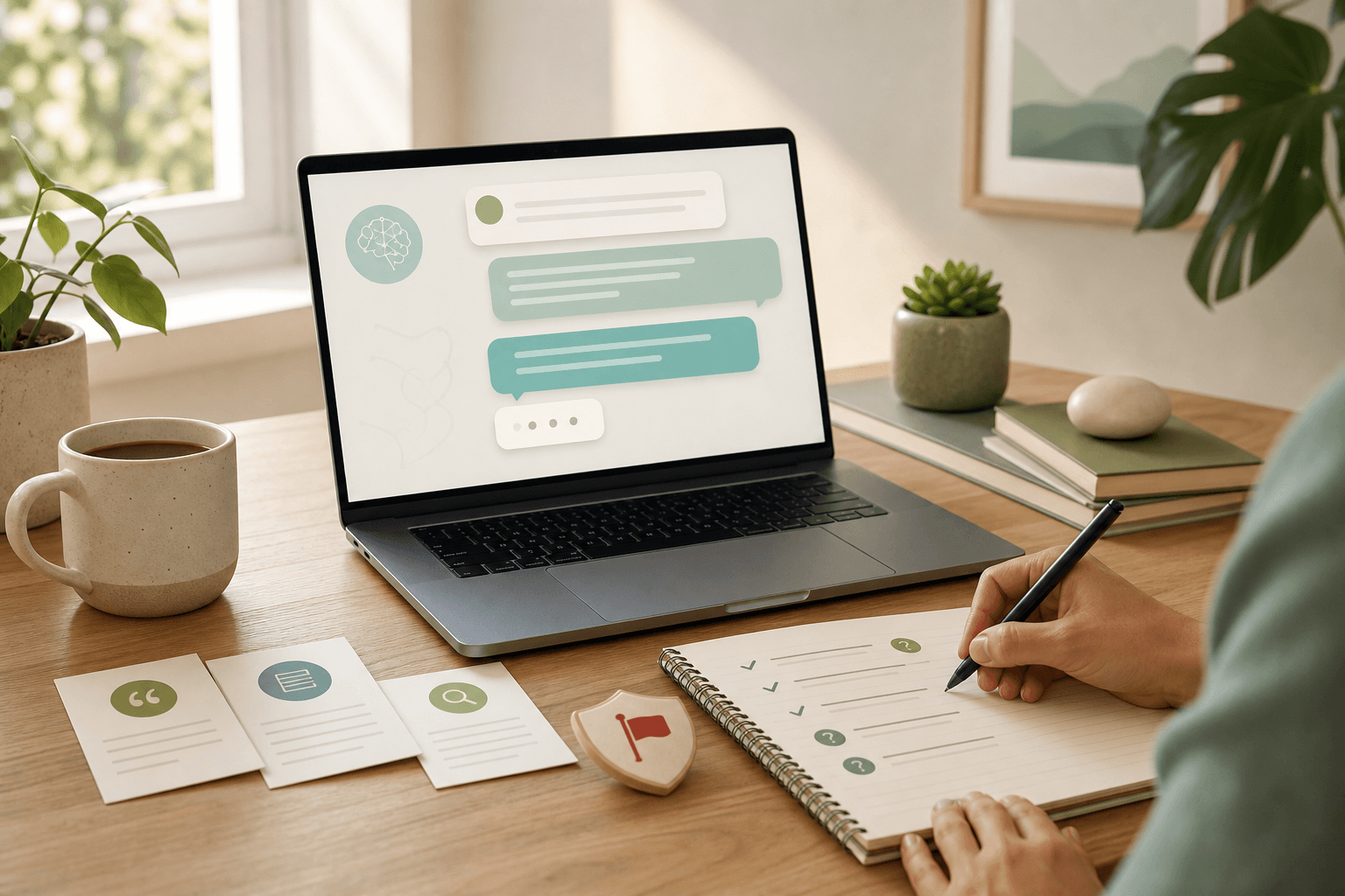 A warm desk scene with an abstract AI health chat, clinician-style notes, source cards, and warning-sign cues for safe medical question preparation.