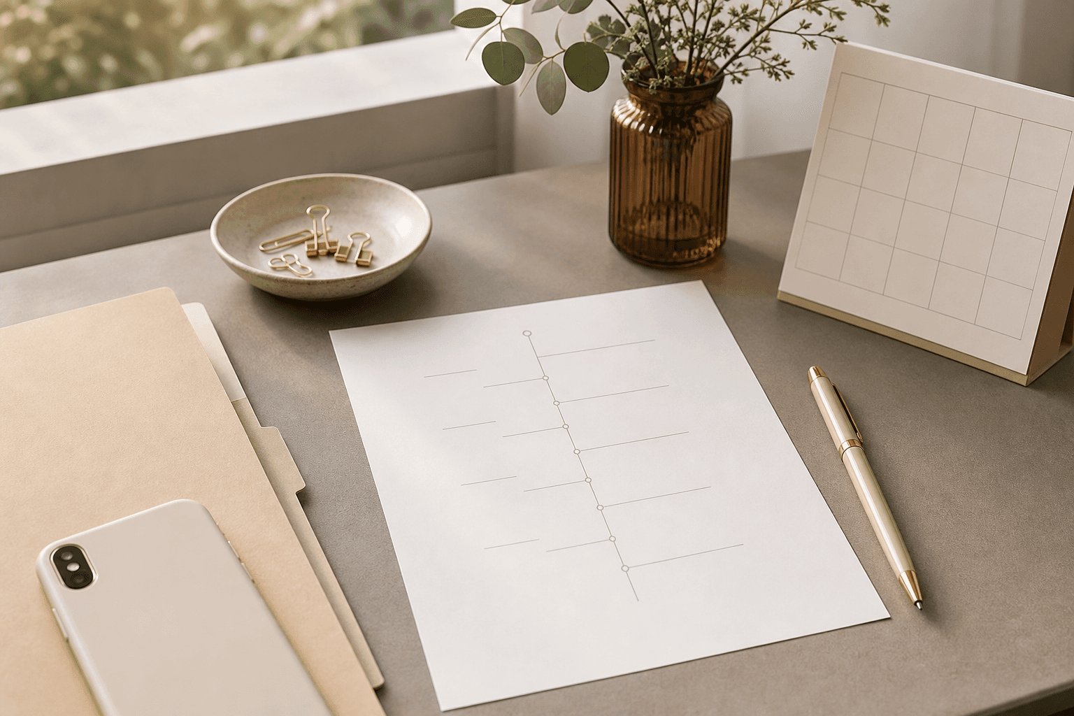An organized doctor visit checklist with a symptom timeline, medication list, test results folder, phone, and calendar.