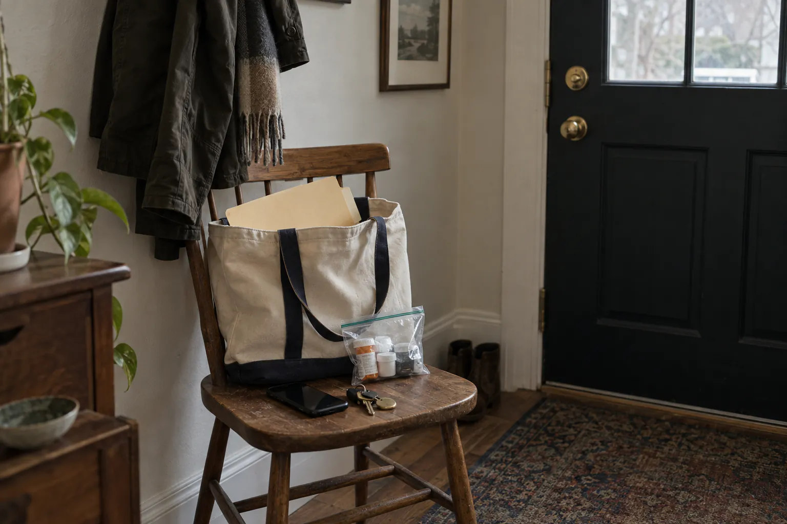 A canvas tote bag on a chair by the front door, packed with a folder, a bag of medicine bottles, a phone and keys.