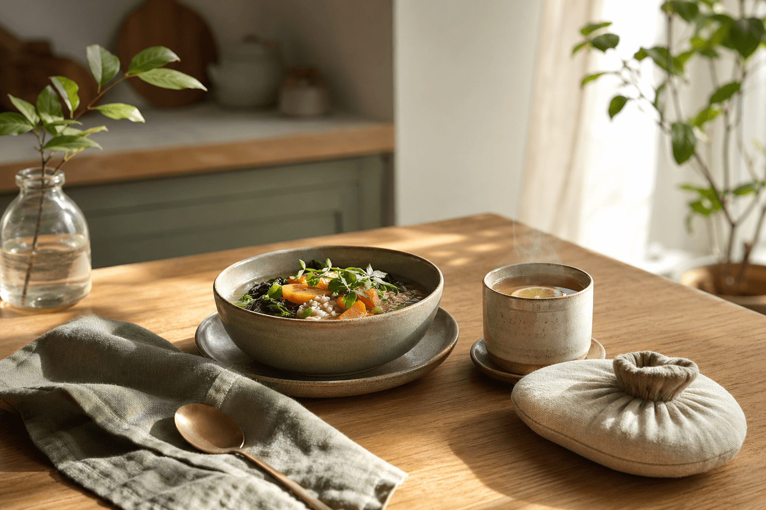 A calm editorial kitchen table scene with warm food, ginger tea, linen, and soft natural light.