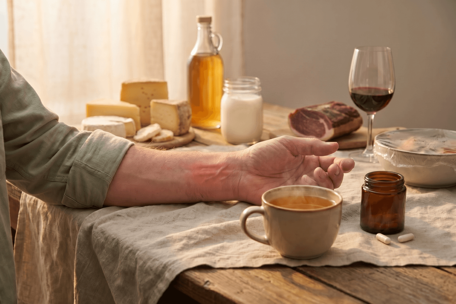 A calm editorial scene with a translucent glass bucket partly filled with amber liquid beside simple food and botanical shapes.