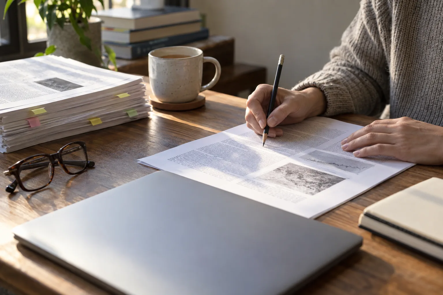Hands marking a printed research paper with a pencil at a sunlit wooden desk, beside a stack of tabbed journal articles, a mug of tea, reading glasses and a closed laptop.