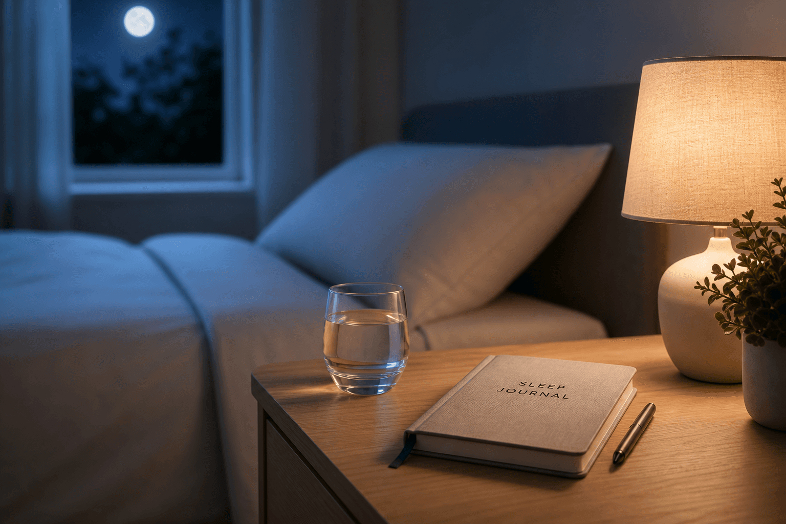 A calm bedroom scene with a sleep journal and nightstand, representing melatonin for insomnia tracking, sleep timing, and morning grogginess.