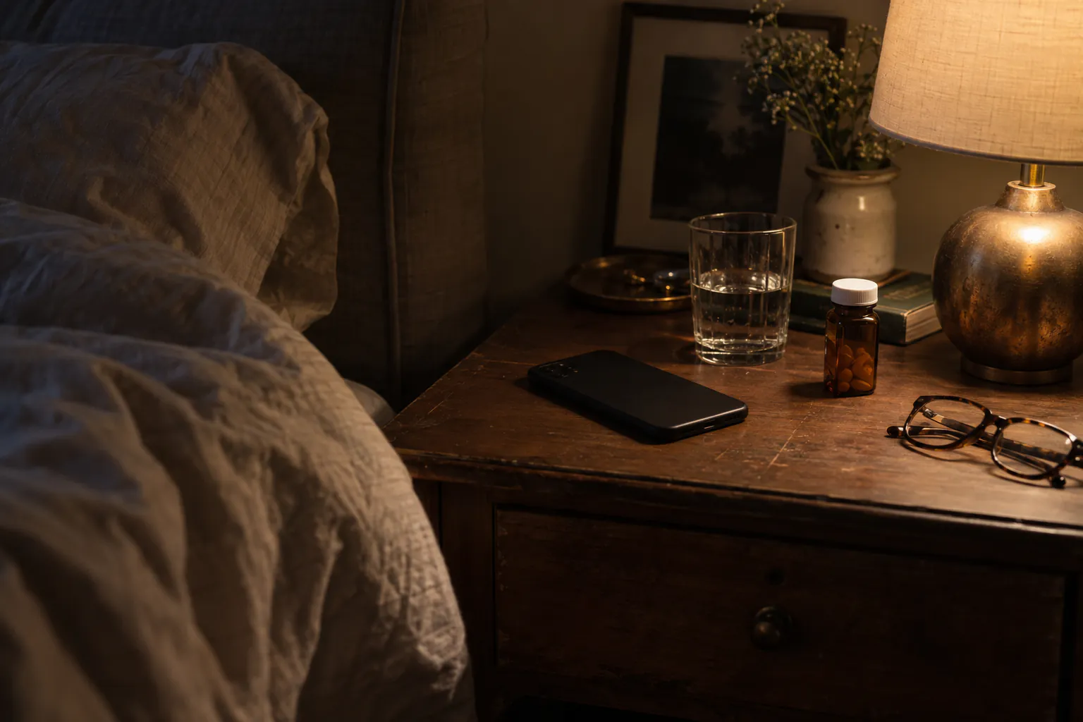 A bedside table at night under a lamp, with a small pill bottle, a glass of water, a phone lying face down and reading glasses.