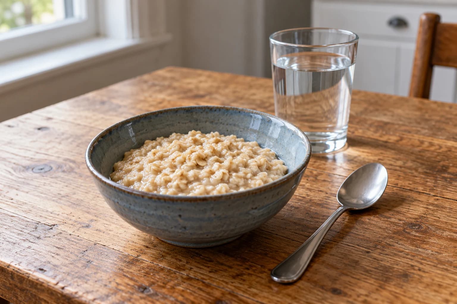 A blue-gray bowl of plain oatmeal beside a glass of water and a spoon on a wooden kitchen table.