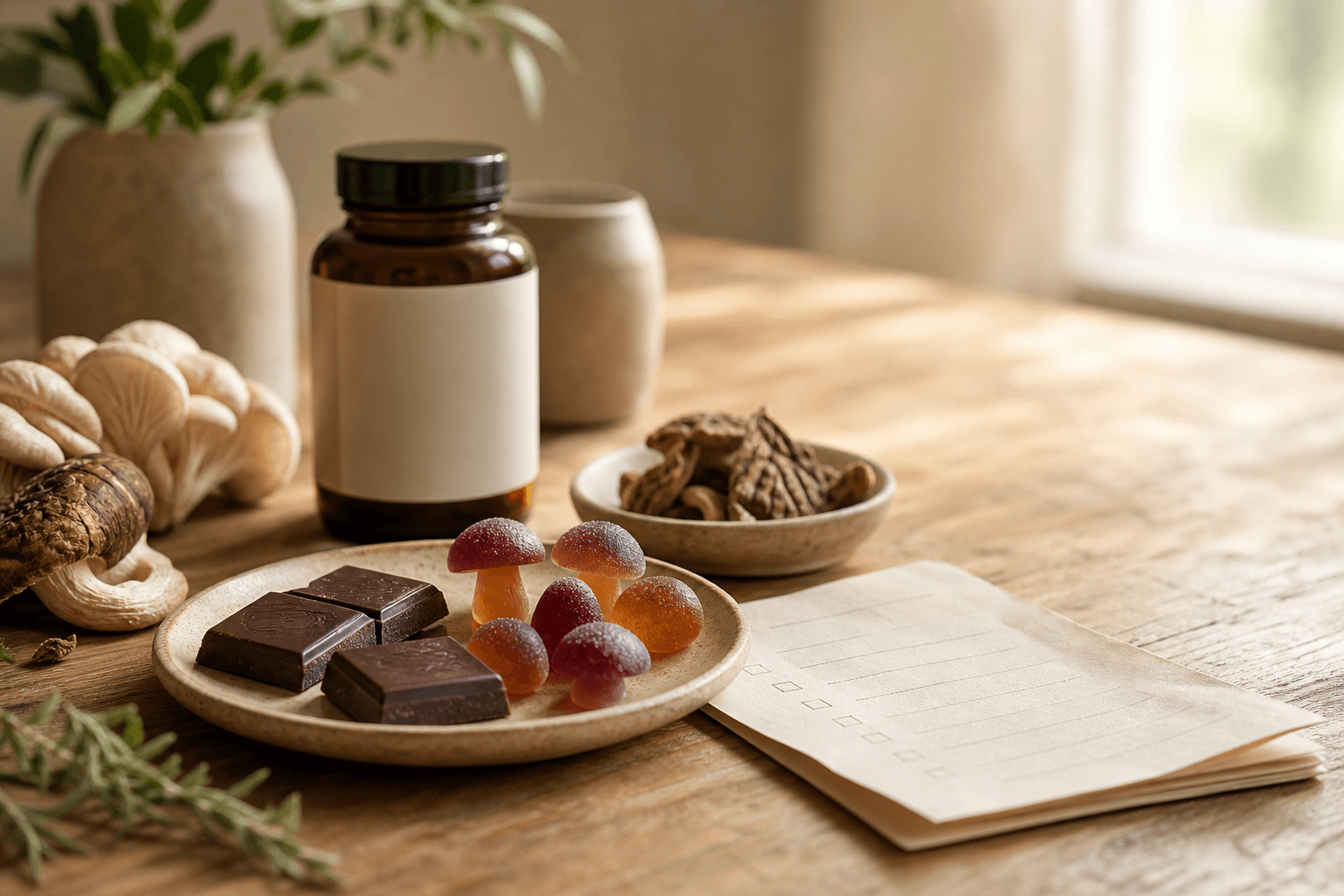 Mushroom gummies, dark chocolate squares, functional mushrooms, and a supplement bottle on a warm kitchen table, representing mushroom gummy safety and supplement label risks.