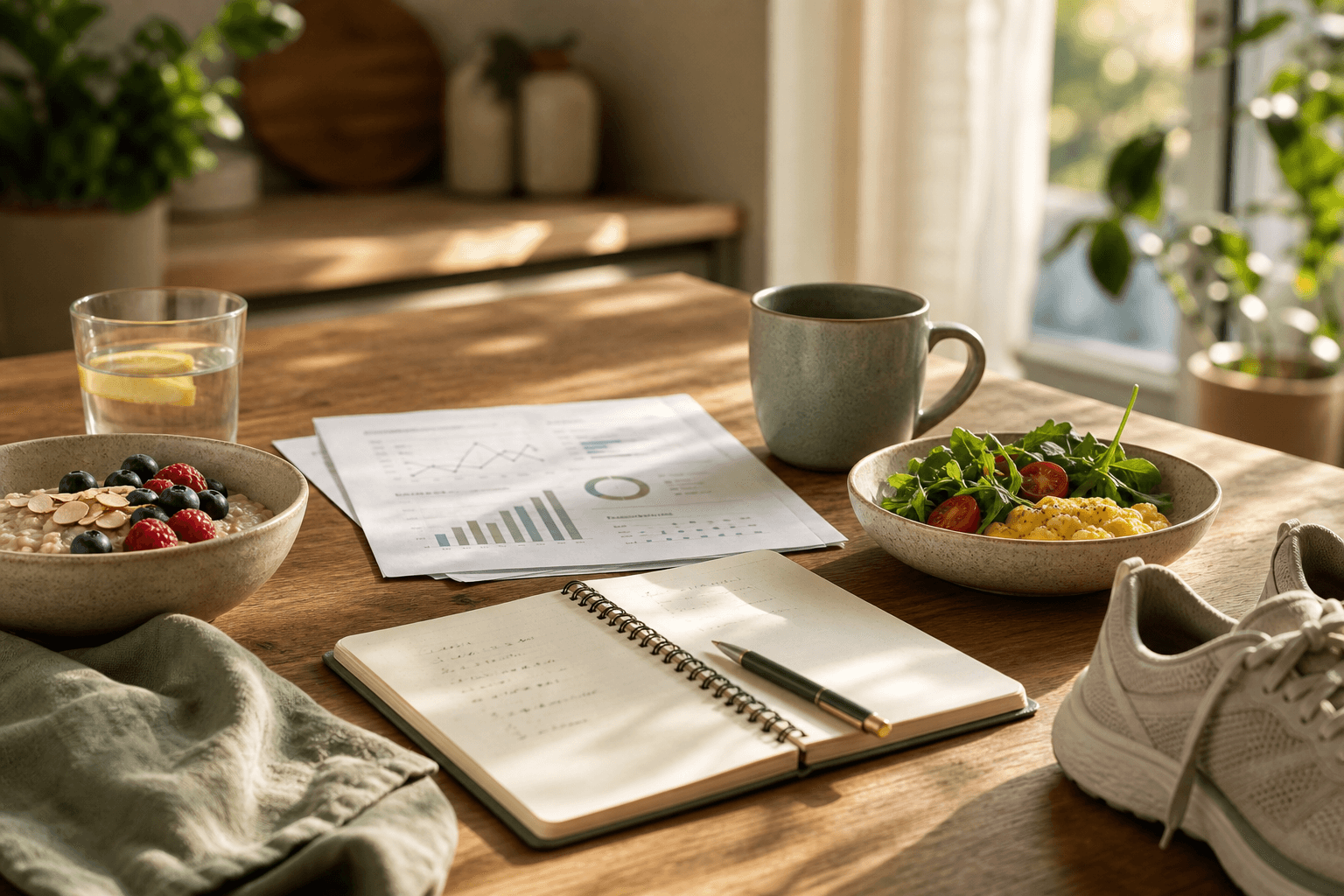 A warm kitchen table with a lab result sheet, notebook, balanced breakfast foods, and walking shoes, representing prediabetes pattern tracking.