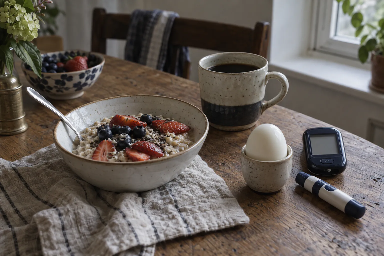 A breakfast of oatmeal with berries, a boiled egg and coffee beside a blood glucose meter and lancet pen.