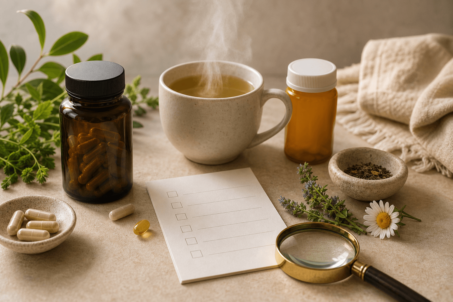 Supplement bottles, herbal tea, and a safety checklist for reviewing supplement interactions with medications and natural remedies.
