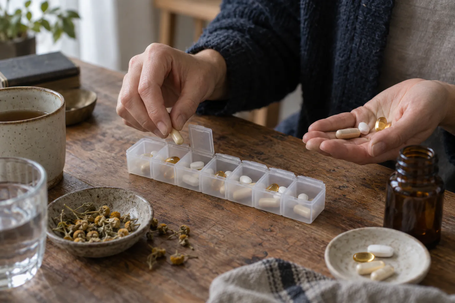 Hands sorting capsules and tablets into a weekly pill organizer on a wooden table, with dried chamomile and a small brown bottle nearby.