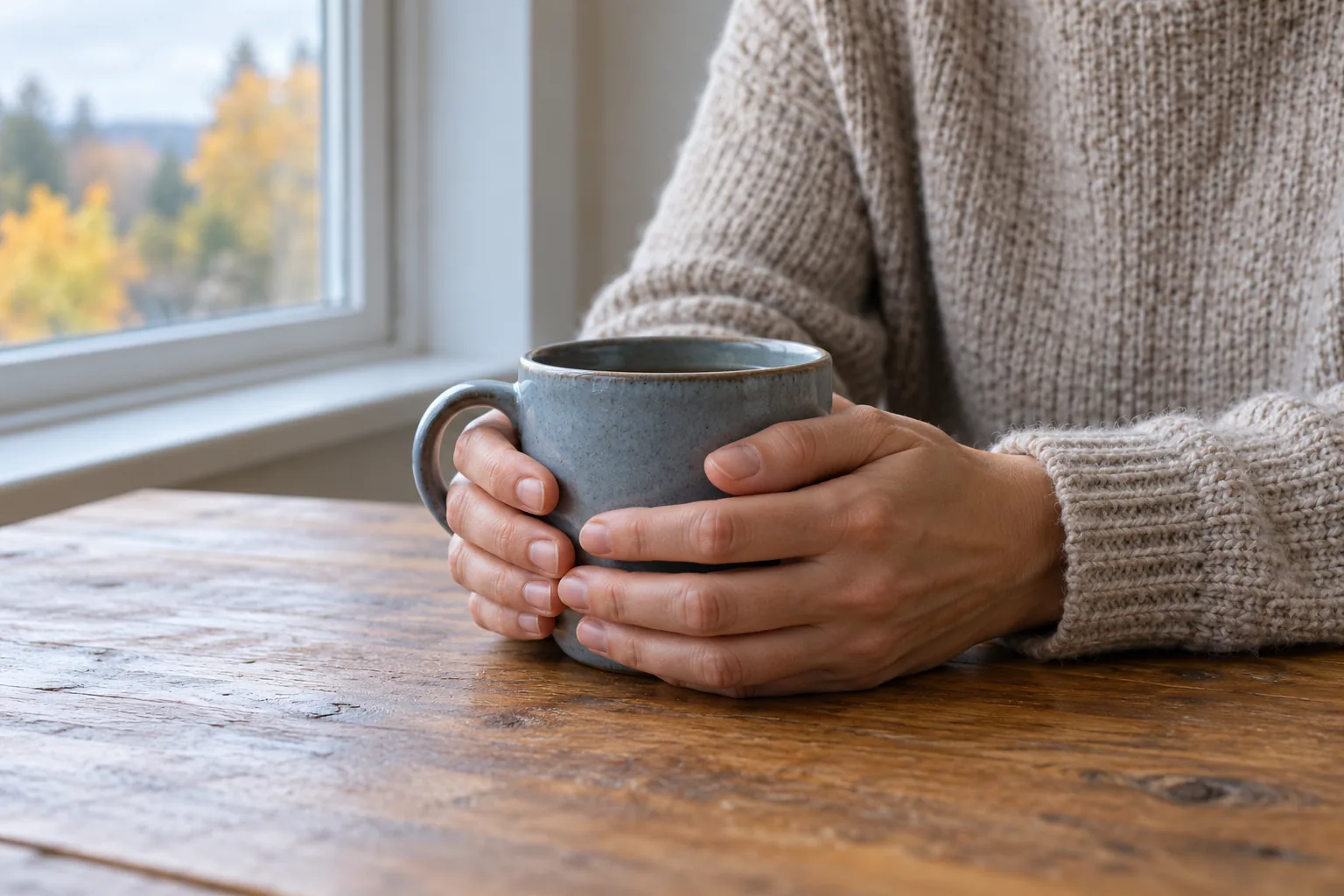 Hands in knitted sleeves holding a blue-gray mug on a wooden table beside a window.