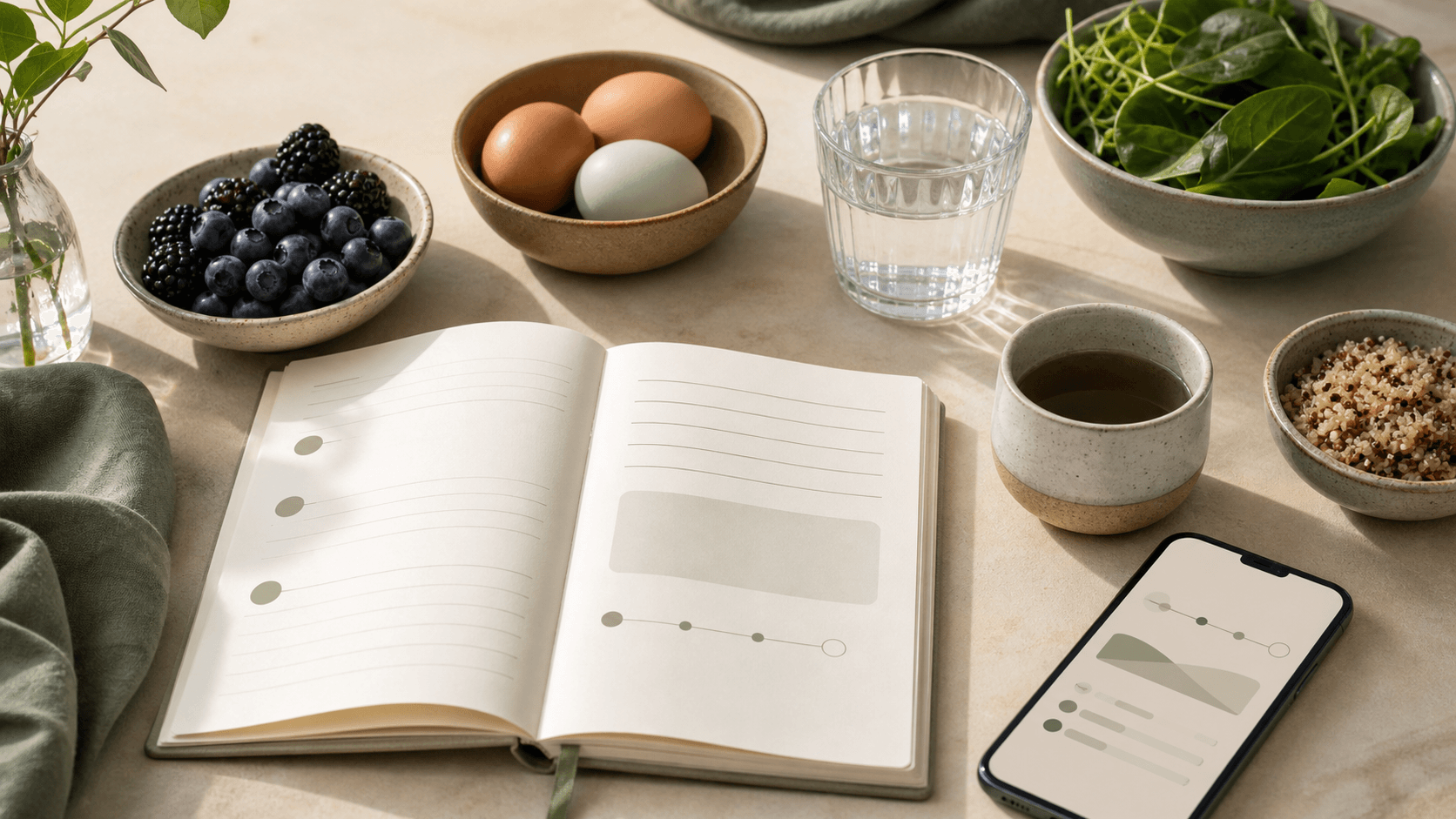 A warm tabletop scene with a blank meal timing notebook, water glass, ceramic cup, phone with abstract tracking shapes, berries, eggs, greens, and grains.