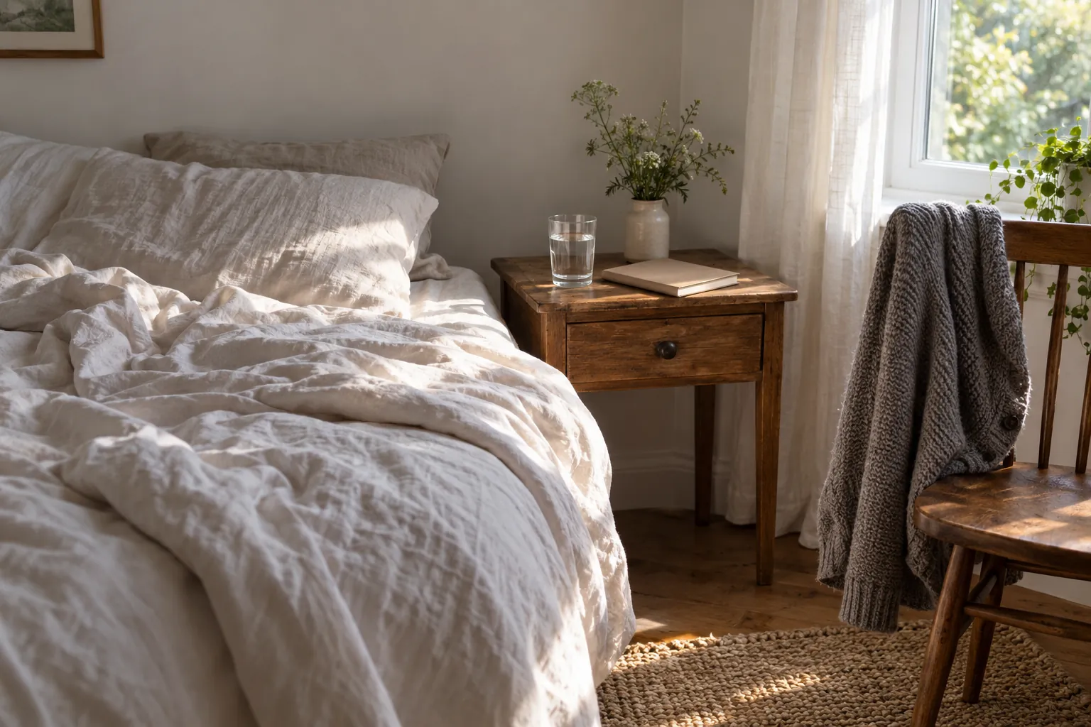 An unmade bed in morning light beside a wooden table with a glass of water and notebook, and a gray cardigan draped over a chair.