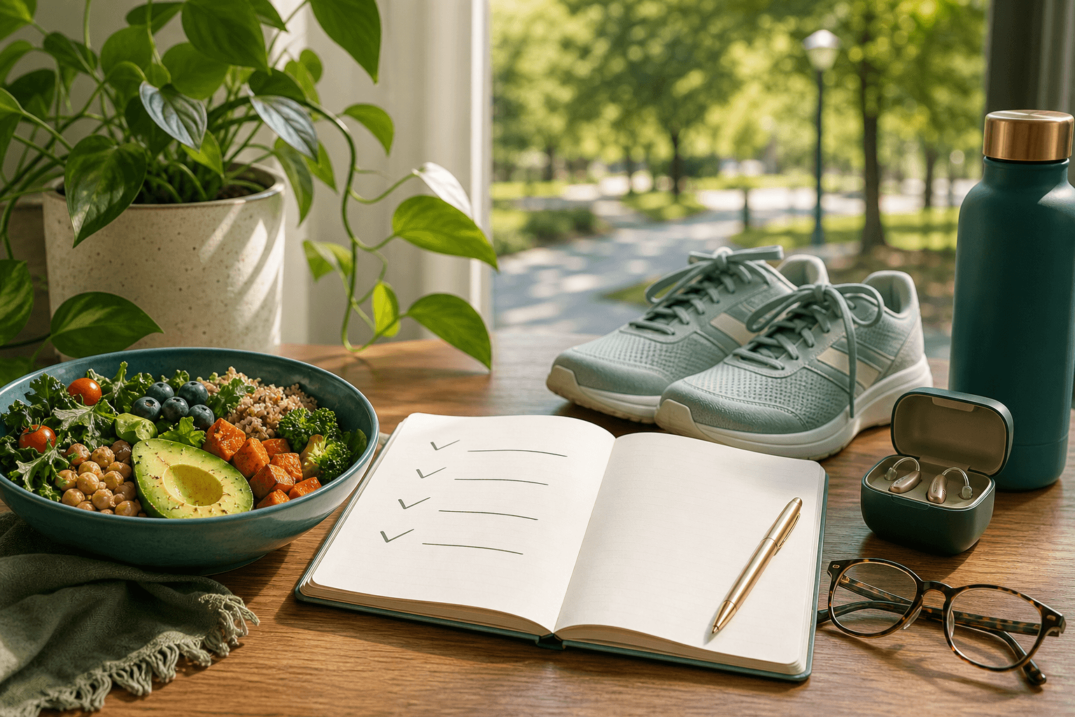 A calm brain health planning scene with a blank checklist, walking shoes, hearing aids, glasses, whole foods, water, and a green park outside.