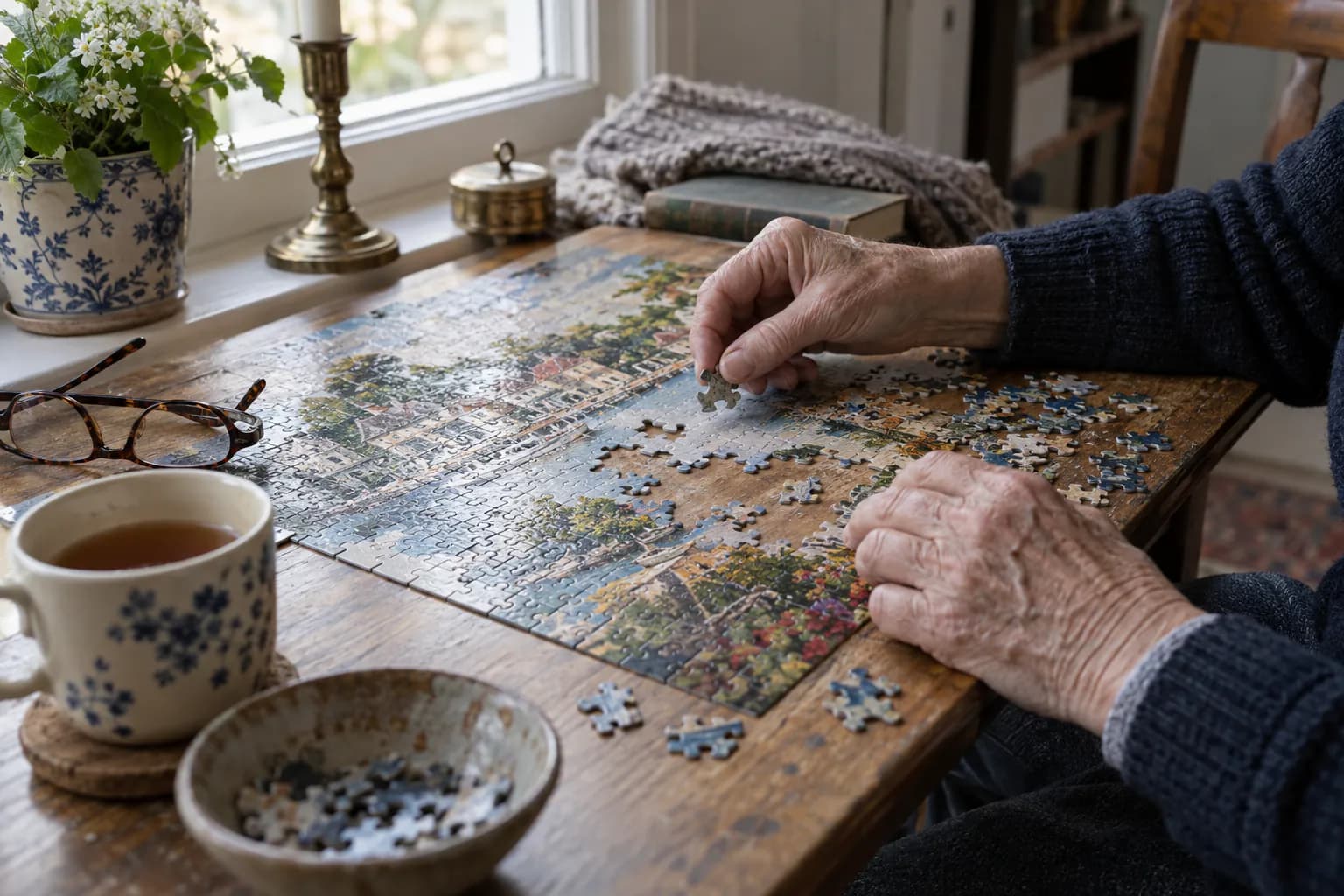 An older person’s hands fitting pieces into a jigsaw puzzle on a wooden table by a window, with tea and reading glasses nearby.