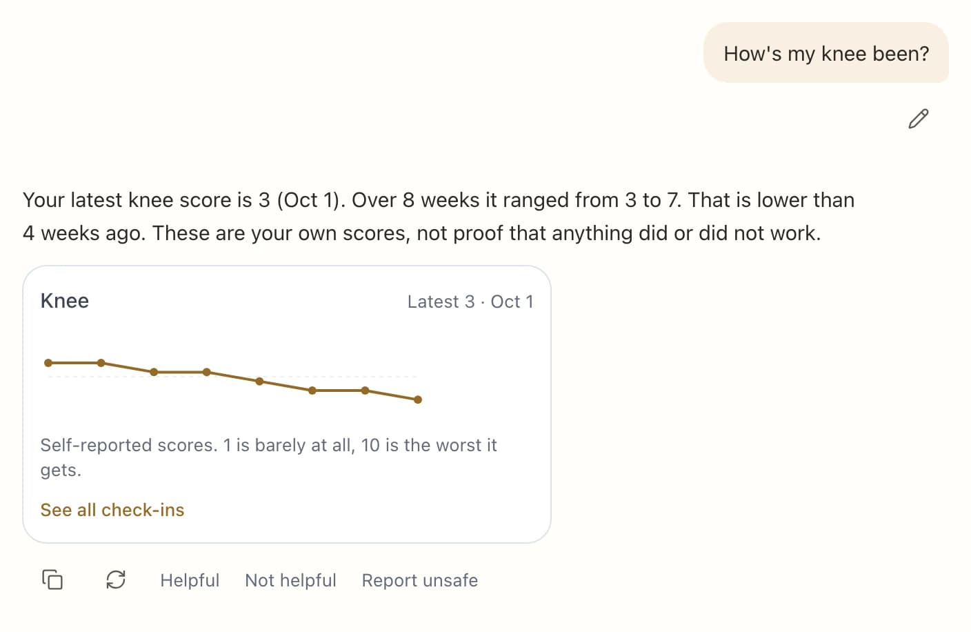A knee check-in trend chart inside chat.