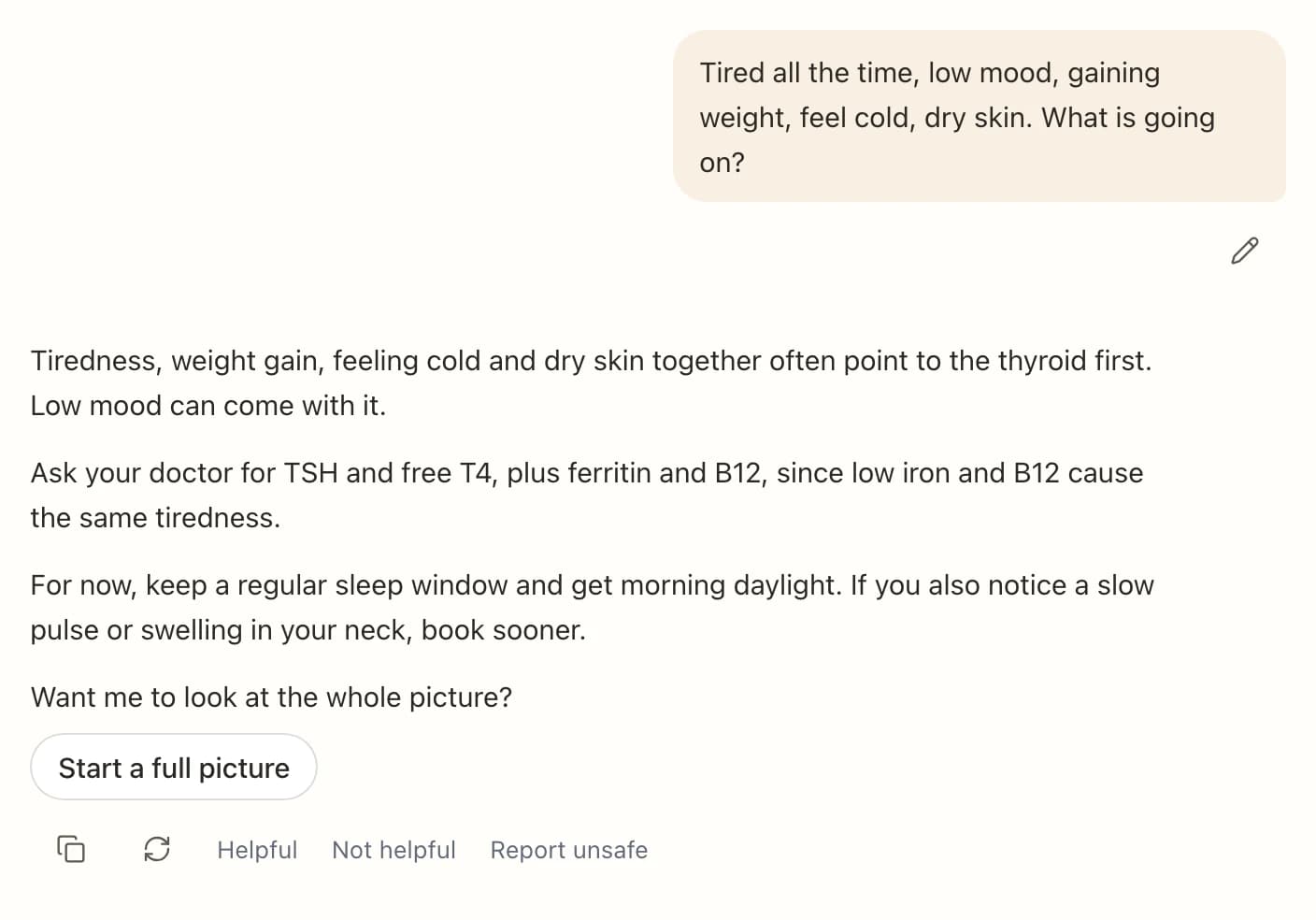 Someone asks why they feel tired, low and cold. Chat explains it often points to the thyroid, suggests what to ask a doctor, then offers to start a full picture.