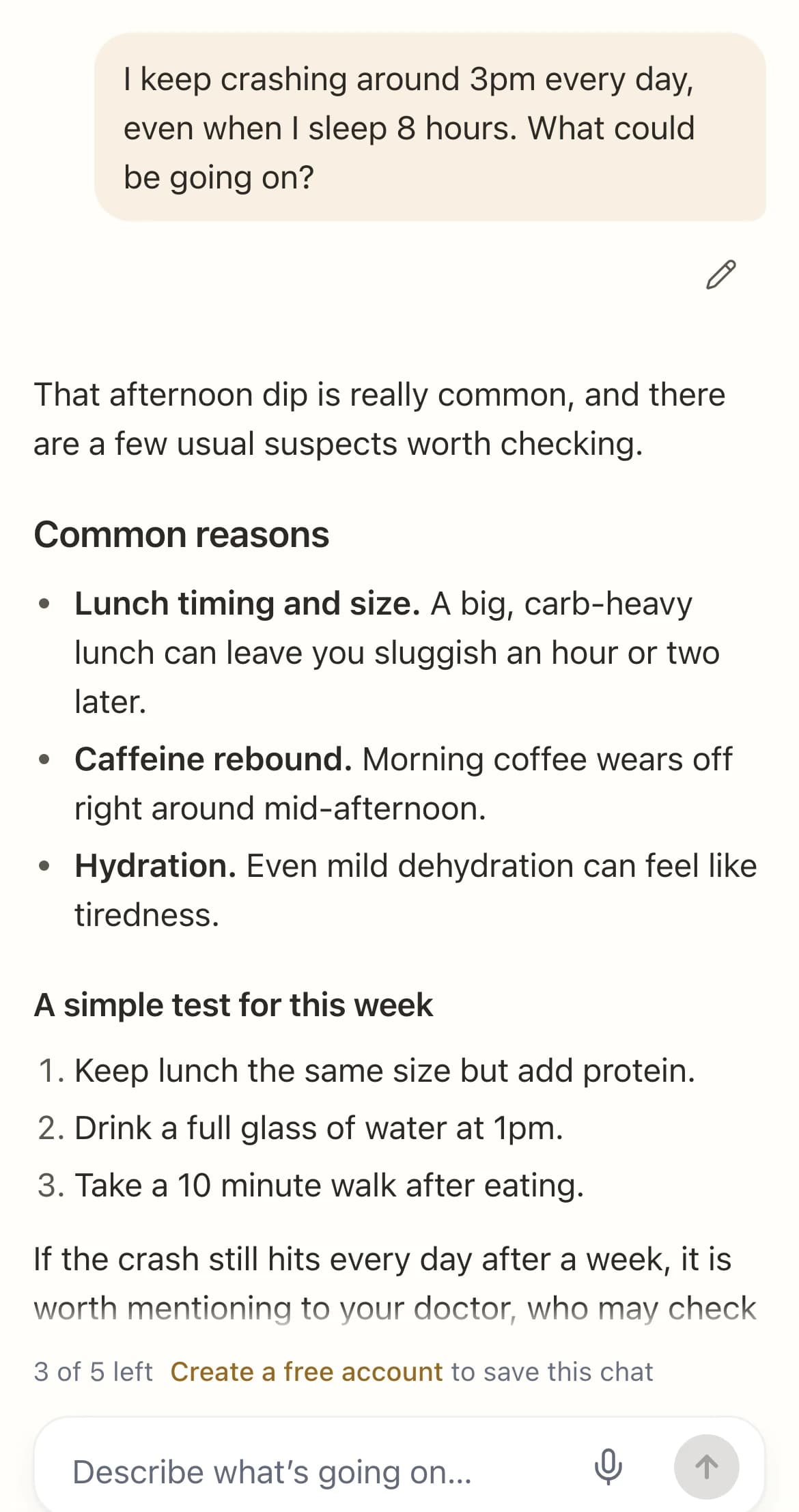 A reply about a 3pm energy crash: common reasons and a simple test for the week.