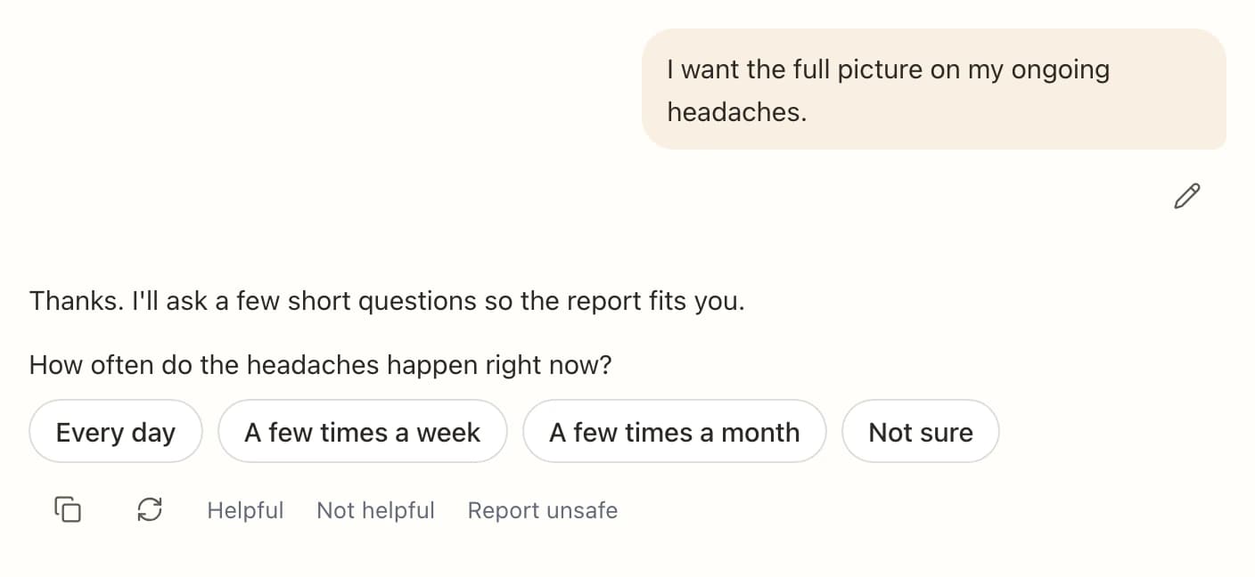 Someone asks for the full picture on their headaches. Chat asks how often they happen, with answer chips.