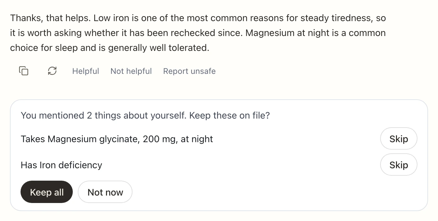 Chat asking: You mentioned 2 things about yourself. Keep these on file? With Keep all, Skip and Not now.