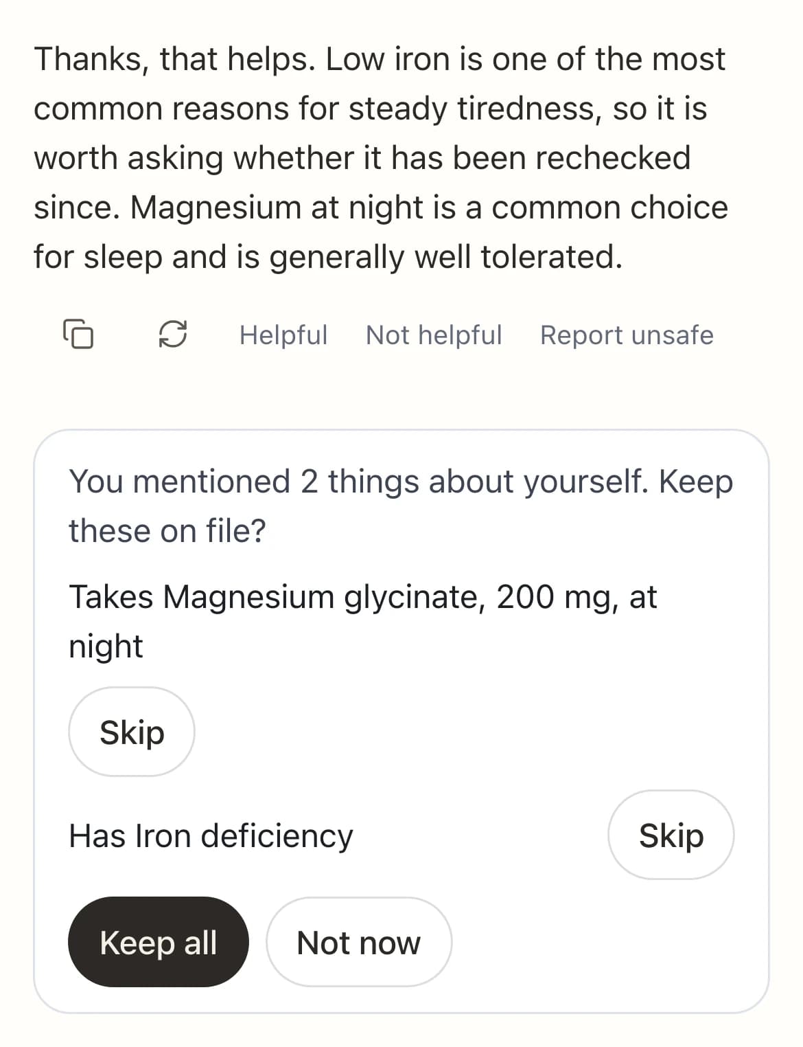Chat asking: You mentioned 2 things about yourself. Keep these on file? With Keep all, Skip and Not now.