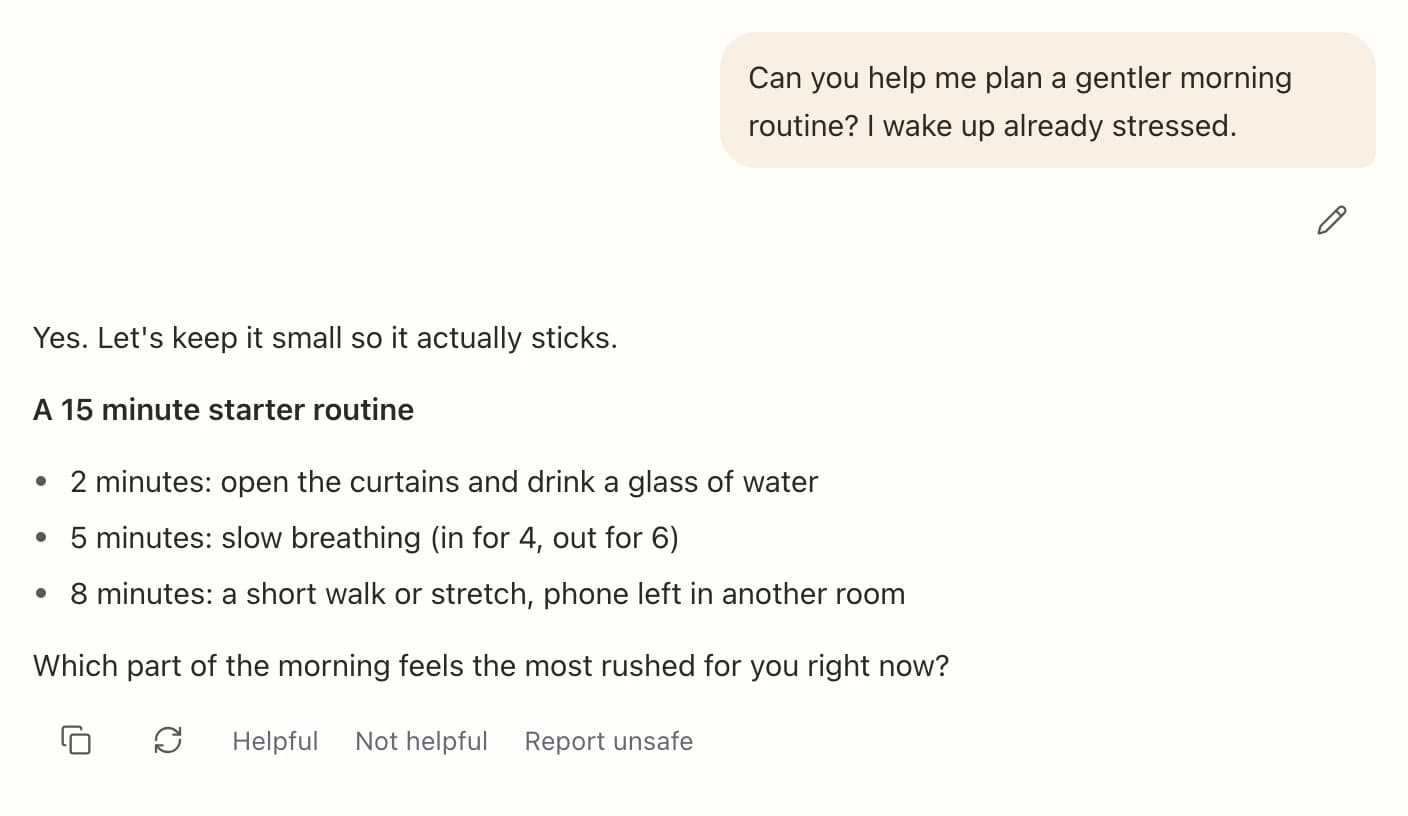 A SageWiz chat: someone asks for a gentler morning routine and gets a 15 minute starter routine with one question back.
