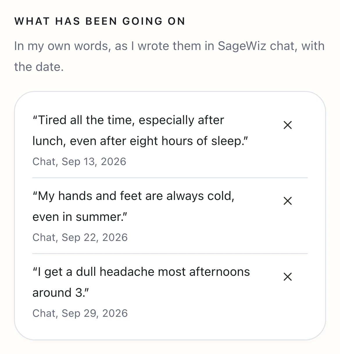 The visit sheet quoting what the person wrote in chat, with dates.
