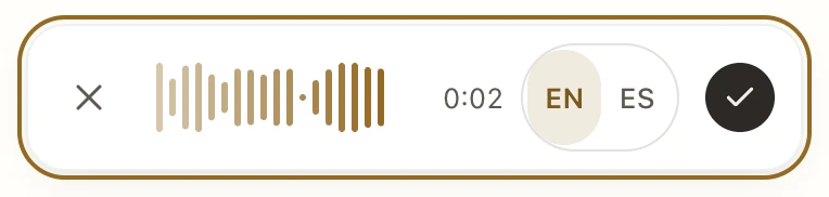 The voice typing bar: a gold waveform, a timer and an EN or ES switch.