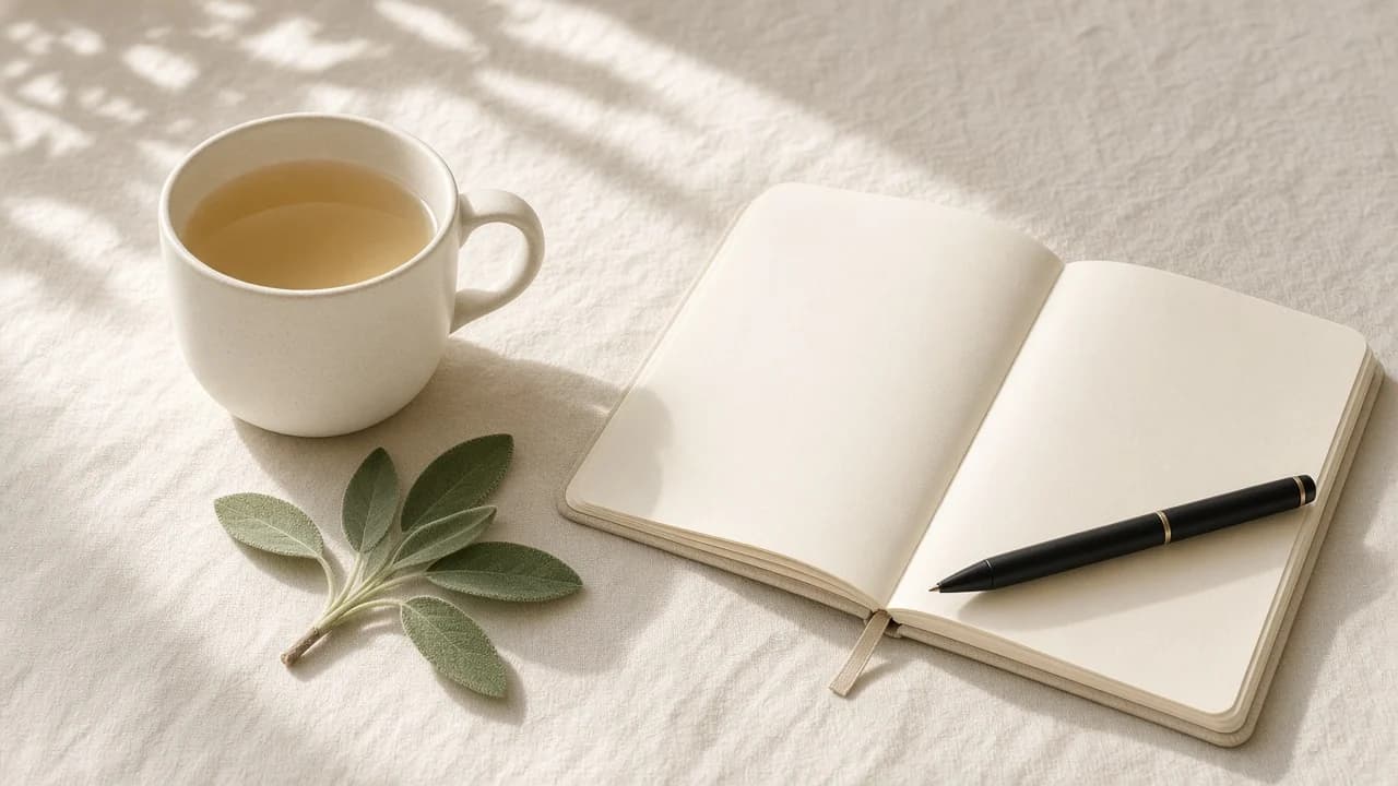 A cup of tea, a sprig of sage and an open notebook on linen.